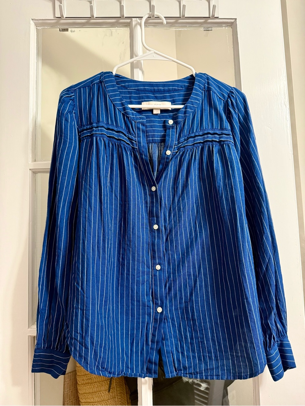 LOFT Blue Striped Button-Down Peasant Blouse